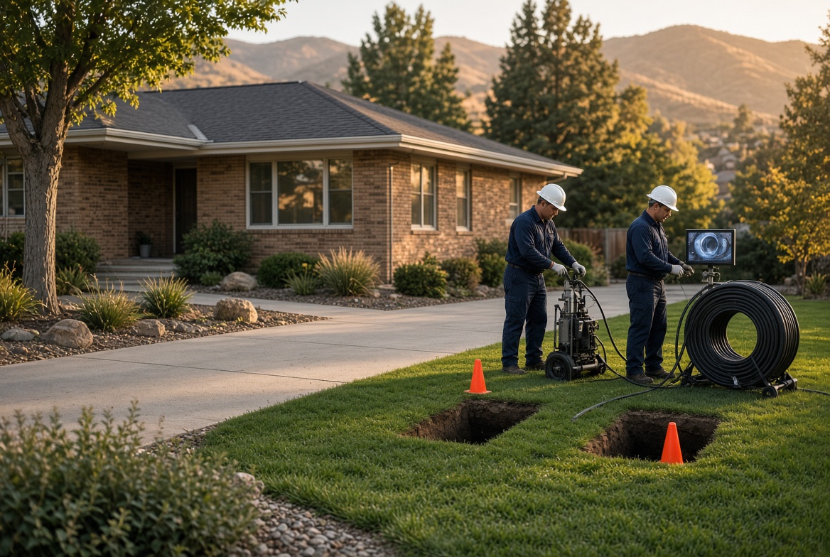 Trenchless sewer repair in a Denver yard using small access pits instead of a full trench