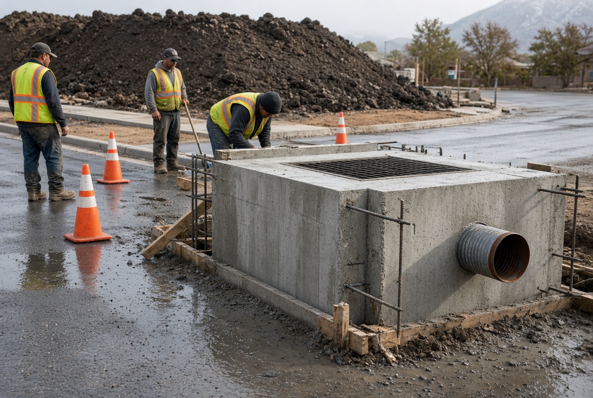 Pipe X crew finishing a cast-in-place concrete storm inlet with grate and pipe stub on a Denver-area job site