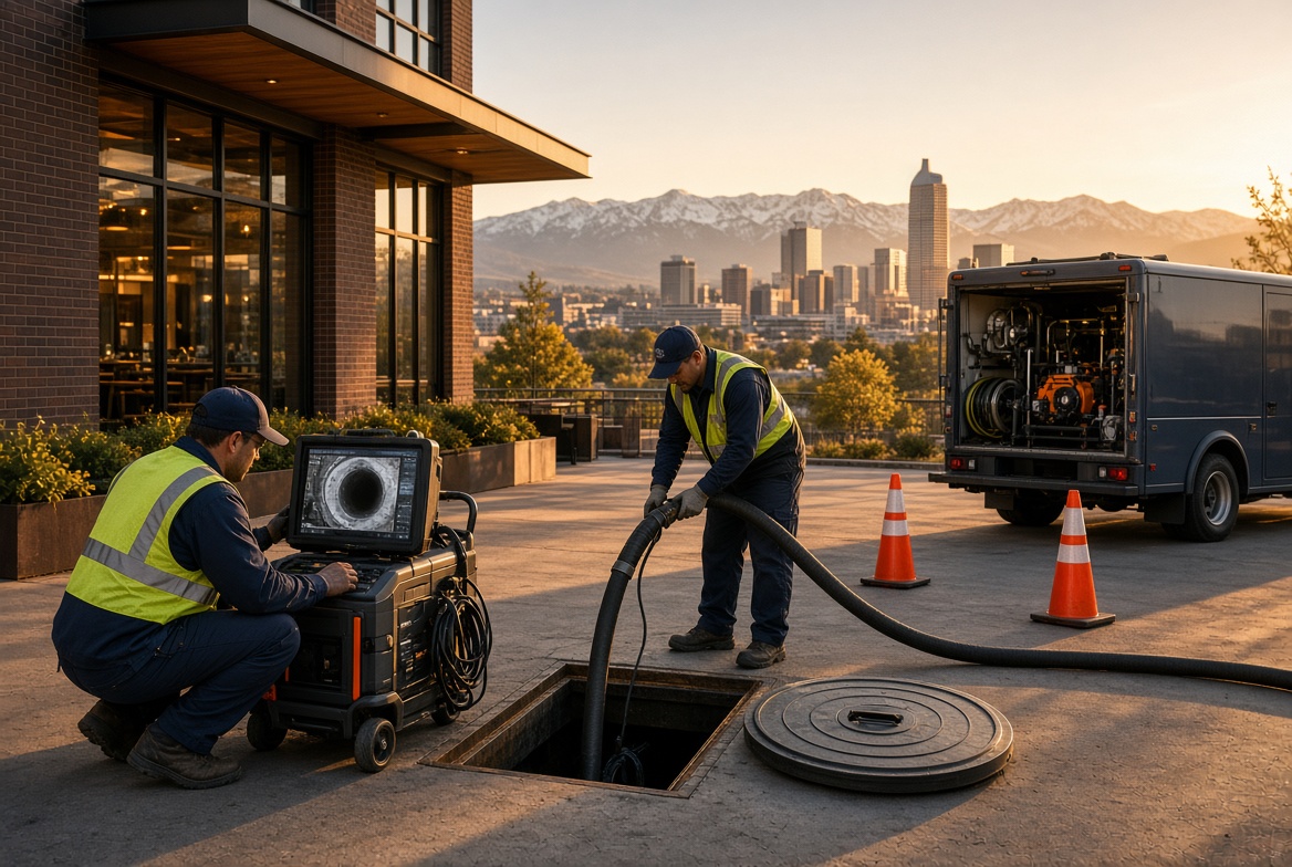 Commercial plumbing crew performing video pipe inspection and hydro jetting at a Denver restaurant and office property with the city skyline behind them