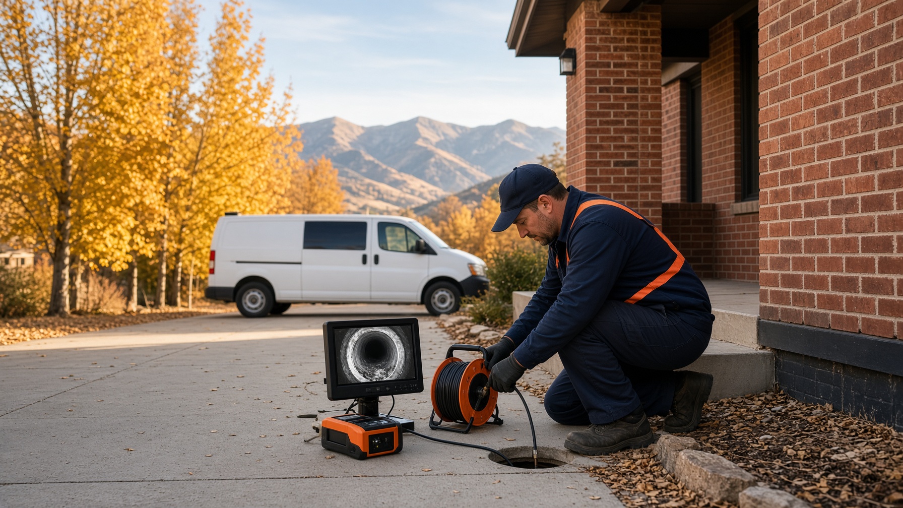 PipeX plumber performing a sewer video inspection at a Denver brick home in fall with the Front Range in the background